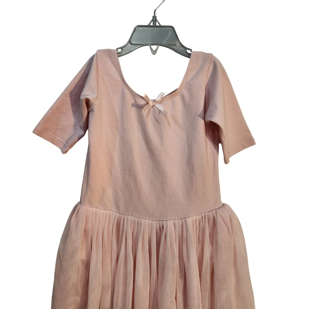 Kids Pink Ballet Dance Tutu Leotard with Short Sleeves Bow Accent - Picture 2 of 5